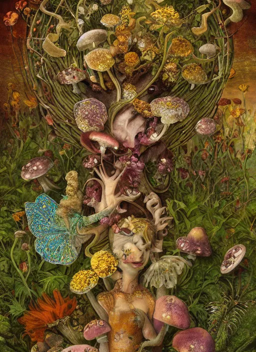 Prompt: arabesques grotesque painting with mushrooms, dandelions, crystals, ferns, beautiful fairy faces mixed in, by james jean and hiroshi yoshida and brian froud, photo, textured, colorful, 8 k resolution