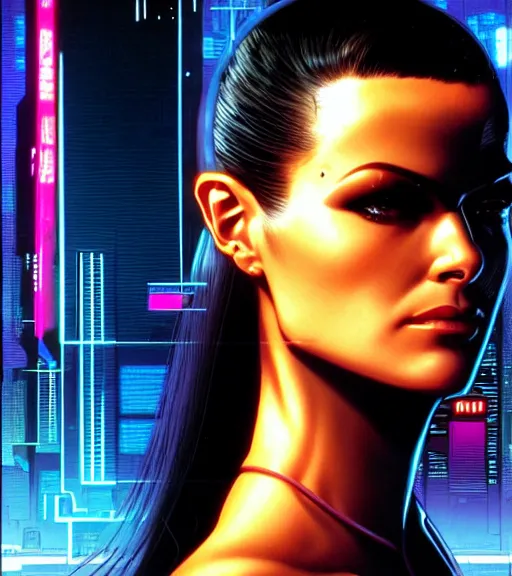 Image similar to cable plugged in, side of head, very very beautiful woman, cyberdeck computer terminal, street level night city, 1 9 7 9 omni magazine cover, style by vincent di fate, artgerm, cyberpunk 2 0 7 7, very coherent, detailed, 4 k resolution, unreal engine, daz