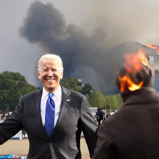 Image similar to Photograph of Joe Biden smiling with burning whitehouse in the background