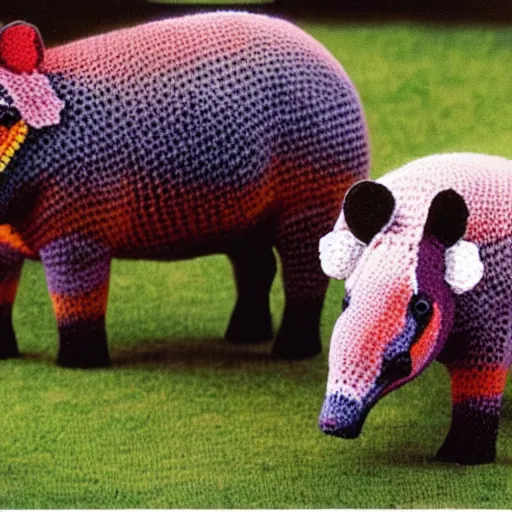 Prompt: multicolored crocheted tapirs, 1 9 8 0 s catalogue photo