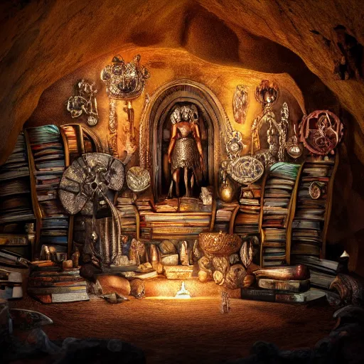 Image similar to epic view of an ancient dark byzantine cave interior, ornate oil lamp on a pile of crystals, books covered in jewels, ornate, surrounded by strange statues and treasure, full of sand and dust, hyper real, Indiana Jones, Tomb Raider, trending on artstation, concept art, cinematic, jewels