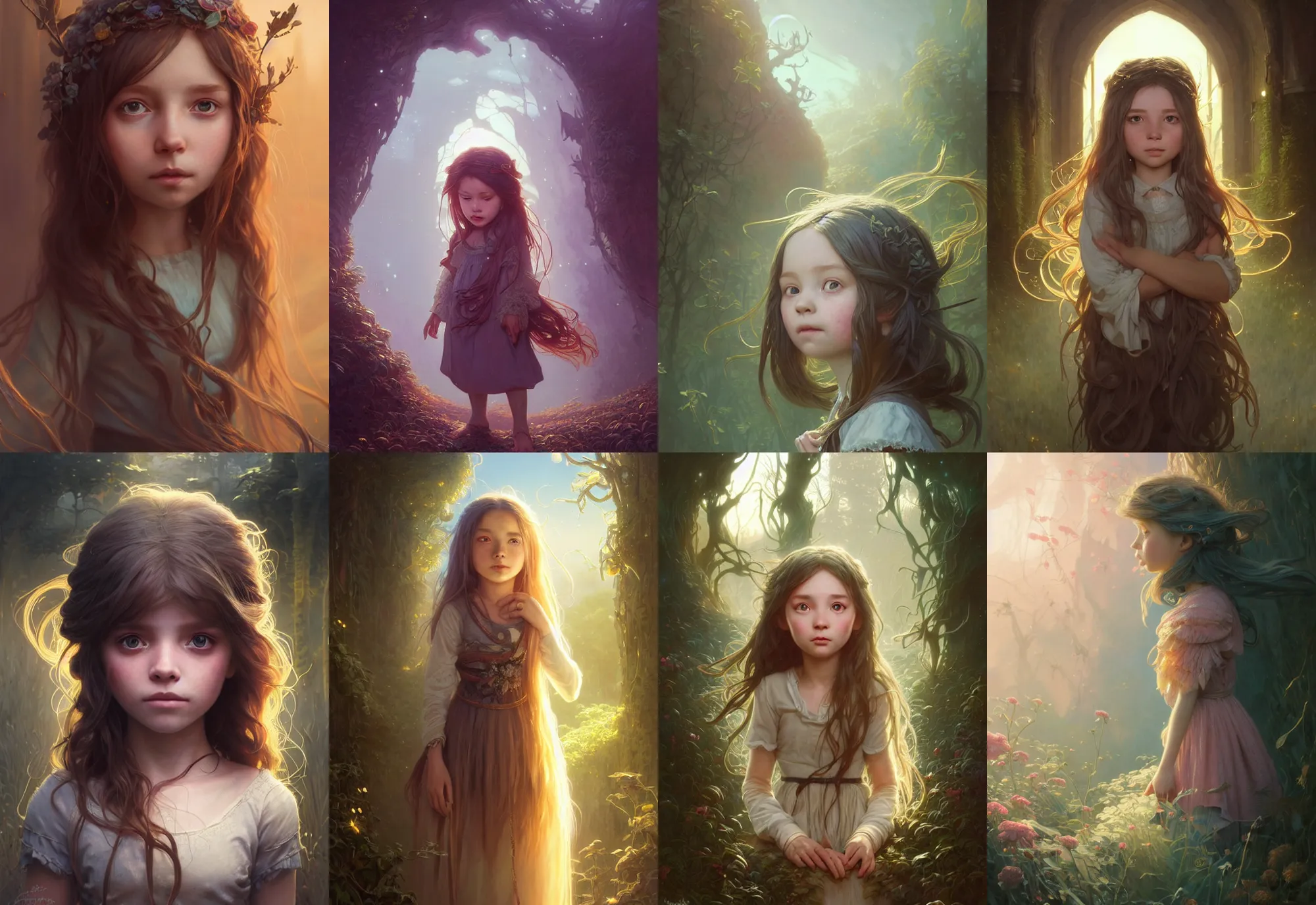 Image similar to highly detailed portrait of a little girl with long hairs, stephen bliss, unreal engine, fantasy art by greg rutkowski, loish, rhads, ferdinand knab, makoto shinkai and lois van baarle, ilya kuvshinov, rossdraws, tom bagshaw, alphonse mucha, global illumination, radiant light, detailed and intricate environment