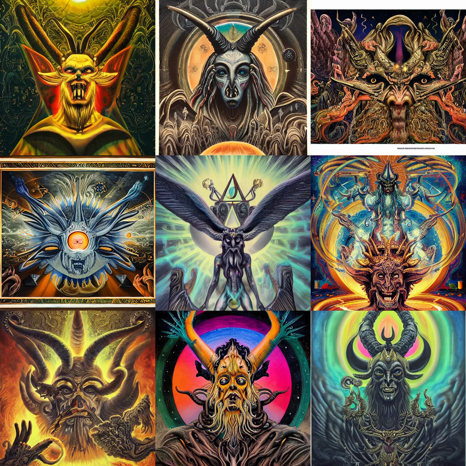 Prompt: a detailed occult painting of baphomet pointing up, cenobyte, hexglow, contracept, wildcards, denizens, matte painting, glowing eyes, felipe pantone, pascal blanche, pascal blanche, mohrbacher, blanche, and across the face portrait, big daddy ross painting, wide shot, an expansive view of the sun, intricate details, epic, dramatic, cinematic lighting, hyperrealistic, skeletal, elaborate, furniture, dreamy, machine, robot, cardboard, dark, inception, cinematic lighting, surrealism style, muted colors, soft tones, pastel colors, ornate in the dnd art style on album cover, unreal