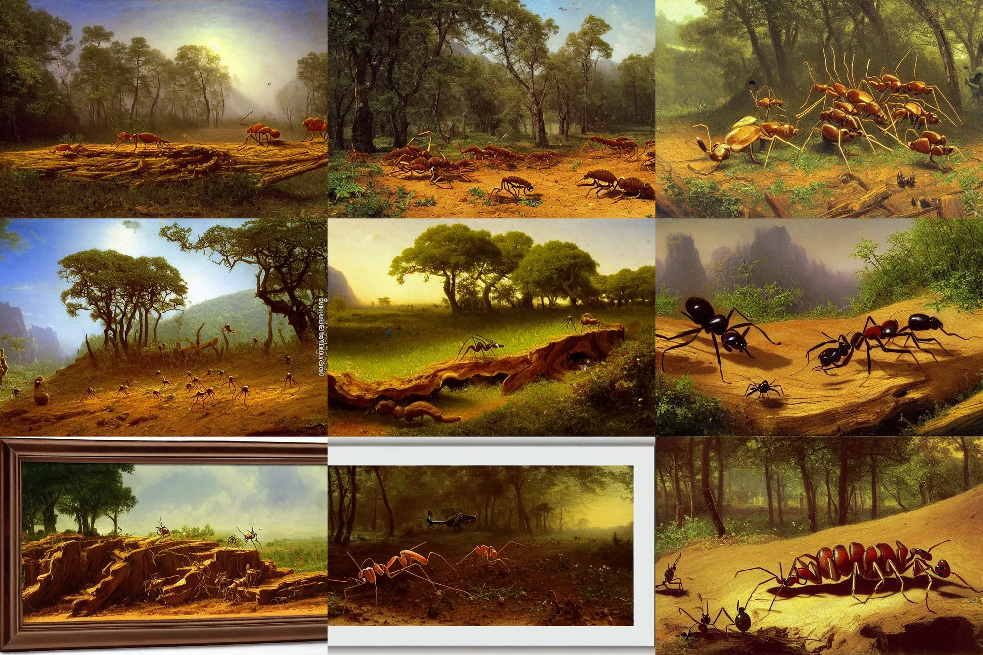 Prompt: ant life, life story, build an anthill, the ant drags a huge piece of wood, super quality, powerful detail, by albert bierstadt