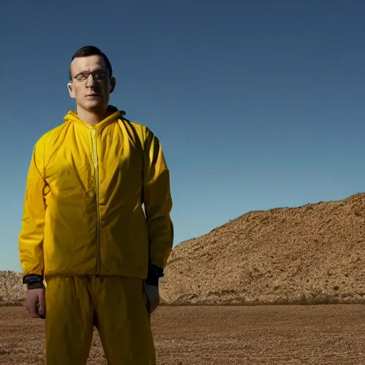 Image similar to clean shaven mateusz morawiecki in a still from the show breaking bad, 4 k, high quality, very mateusz morawiecki, desert, slight yellow hue