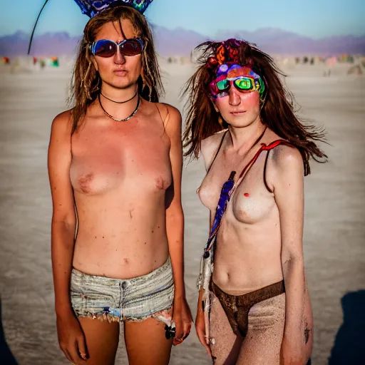 Prompt: award winning photography portrait, sini and julia at burning man, leica 1 0 0 mm f 0. 8