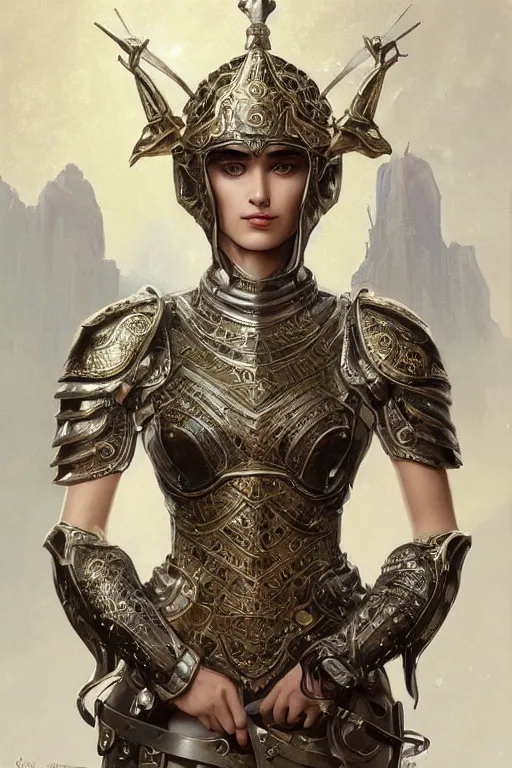 Image similar to attractive young female wearing an ornate metallic helmet, clothed in battle armor, olive skin, long dark hair, beautiful bone structure, symmetrical facial features, intricate, elegant, highly detailed, digital painting, trending on Artstation, concept art, smooth, sharp focus, illustration, art by artgerm and greg rutkowski and alphonse mucha