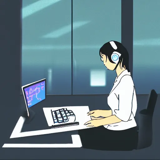 Prompt: illustration of female japanese student in profile, sat at her desk, her face lit by the computer screen, wearing headphones, japan, window, tokyo, neon lights outside , Hayao Miyazaki