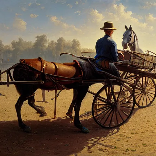 Image similar to a man pulling a cart, horse on cart, hyperrealism, no blur, 4 k resolution, ultra detailed, style of ron cobb, adolf hiremy - hirschl, syd mead, ismail inceoglu, rene margitte