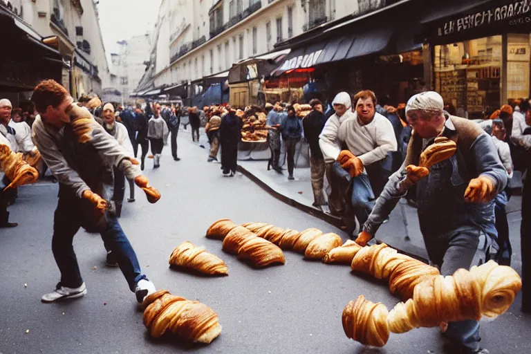 Prompt: closeup potrait of bakers fighting croissants in a paris street, natural light, sharp, detailed face, magazine, press, photo, Steve McCurry, David Lazar, Canon, Nikon, focus