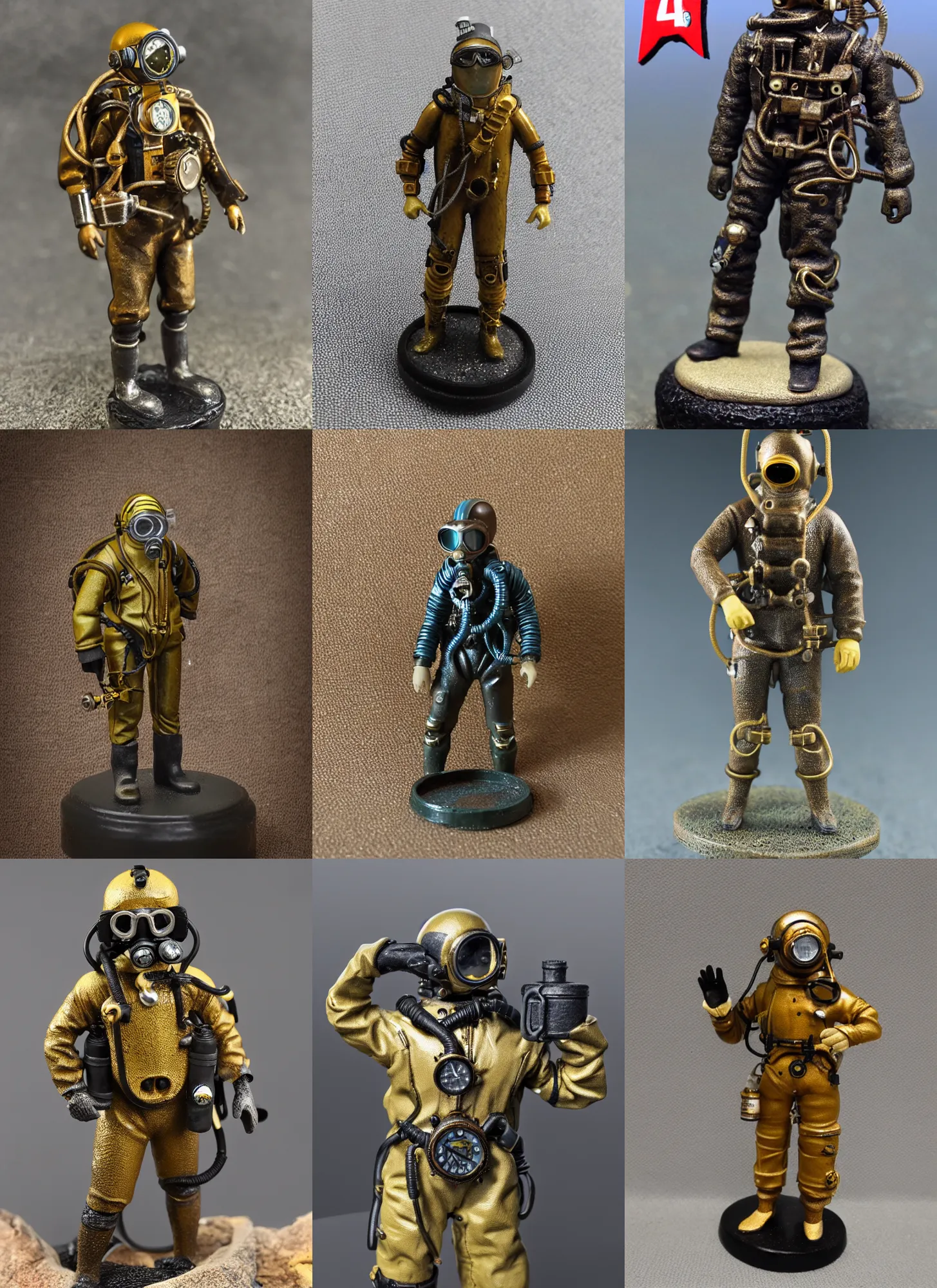 Prompt: 80mm resin detailed miniature of a Diver, diving suit, steampunk, helmet, boots, symbol, textured base; Miniature Product Photos, 4K, view from front