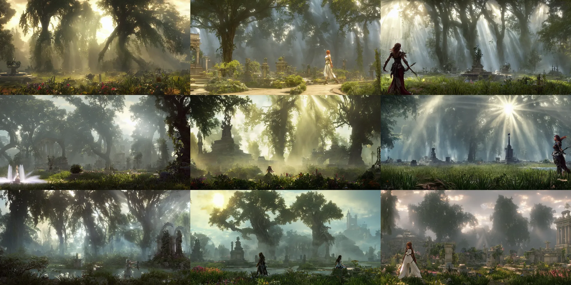 Prompt: Cinematic stills from Final Fantasy and Horizon Zero Dawn 2 mashup, Greek architecture, fountain, cemetery, mystical forest with enormous trees, god rays, bloom, volumetric fog, moody ambiance, dynamic poses, diaphanous cloth, intricate jewelry, cinematic lighting, twilight, sunset, by Alphonse Mucha, by James Gurney, by Bouguereau, by Rubens, fantasy, portfolio illustration, highly detailed, trending on Artstation, CGsociety, HQ, 8k, 35mm lens, f2.8, Bokeh,