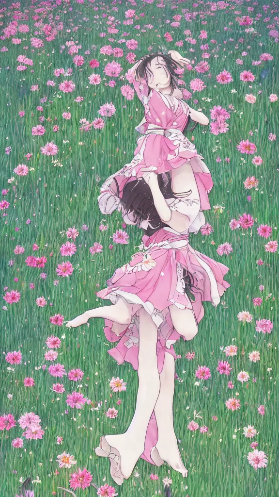 Image similar to portrait of a japanese girl dancing in a field full of flowers, detailed, elegant, highly detailed, artstation, concept art, illustration, sharp focus, anime, art by kurozaki sakura,