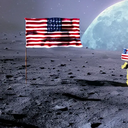 Prompt: fantasy illustration of american moon landing with american flag in 8 k