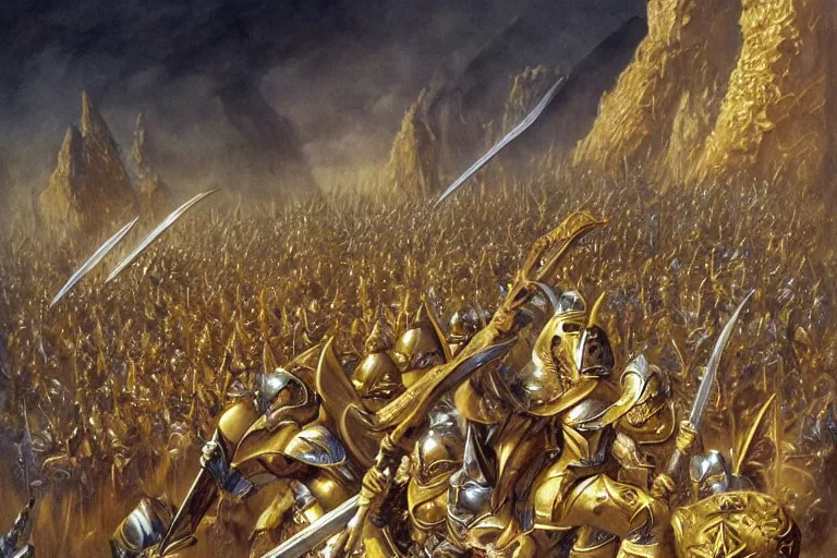 Prompt: high elf hero in gold armor with glorious sword facing hordes of orcs in an epic battle by John Howe