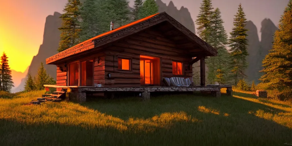 Prompt: a cozy little house in the woods, mountains in the background relaxing, 3 d concept art by phillip urlich, chill, relaxing, peaceful, sunset, extremely detailed art, unreal engine 5, hyper realism