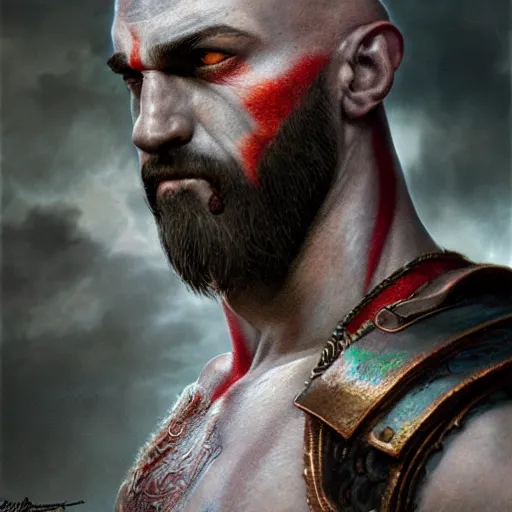 Image similar to portrait of kratos, intricate artwork, concept art, octane render, deviantart, cinematic, key art, hyperrealism, iridescent accents, portrait photograph, nikon 3 5 mm, photograph by greg rutkowski