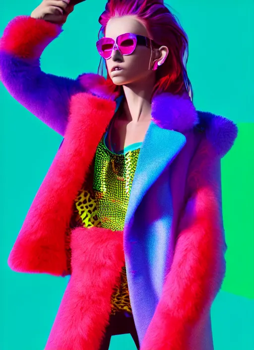 Prompt: stylish coat for a rave, bright colors, many details, prints, photo for a magazine, photo for a store, fashion photography, Vogue, 135 mm, cinematic, hyper realism, high detail, octane render, 8k, chrome accents, very coherent symmetrical artwork, perfect face model, Soft light on the face ,full length photo, Upper and lower body, even skin tone