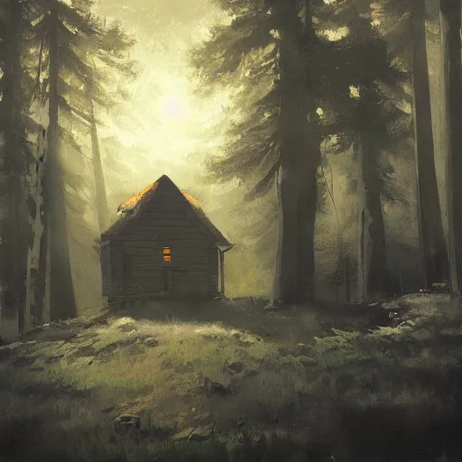 Prompt: a painting of a eerie cabin in the middle of the woods in the style of craig mullins