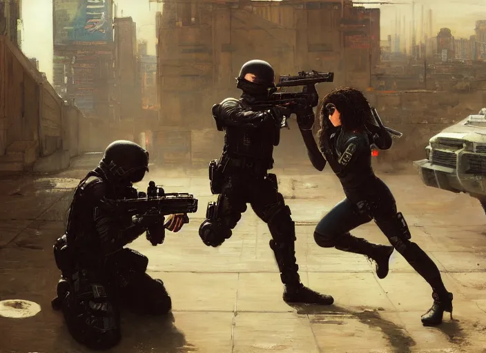 Image similar to sophia evades sgt griggs. Cyberpunk hitwoman escaping Cyberpunk police troopers in combat gear. (police state, Cyberpunk 2077, blade runner 2049, rainy city). Iranian orientalist portrait by john william waterhouse and Edwin Longsden Long and Theodore Ralli and Nasreddine Dinet, oil on canvas. Cinematic, Dramatic lighting.