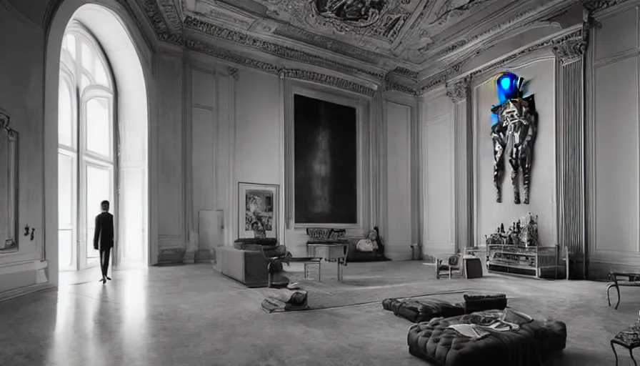 Image similar to Batman standing in giant Italian modern castle living room, clean minimalist design, that is 1300 feet tall, with very tall giant walls filled with modern art paintings, doors that are cosmic portals, photo by Annie Leibovitz