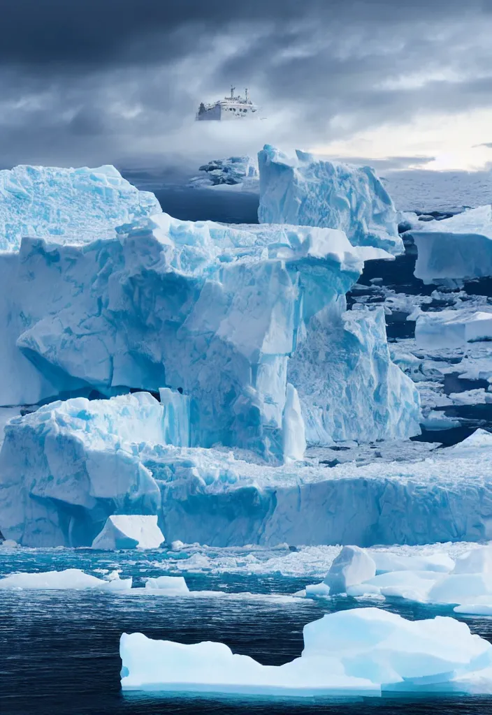 Image similar to ship being persecuted by a police ship over raging turbulent waters in antartica, icebergs in the background, hyper realistic, highly detailed, apocalyptic, intimidating lighting, raytracing, sharp focus, smooth, dramatic action scene