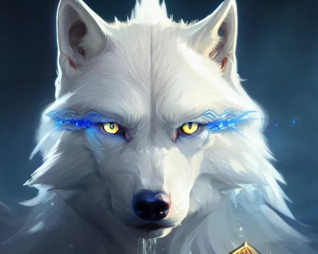 Image similar to albino wolf with blue eyes, deep focus, d & d, fantasy, intricate, elegant, highly detailed, digital painting, artstation, concept art, matte, sharp focus, illustration, hearthstone, art by artgerm and greg rutkowski and alphonse mucha