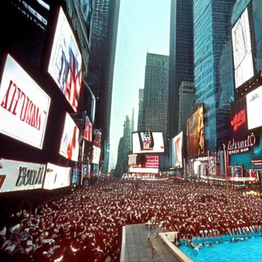 Image similar to still of donald trump clones invading time square, wearing medieval helmets, in american psycho ( 1 9 9 9 ), and still of liminal swimming pools, in american psycho ( 1 9 9 9 )