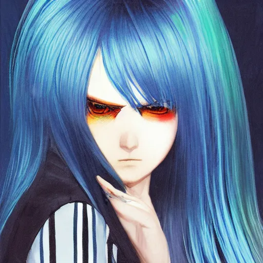 Image similar to profile shot of rimuru tempest, sky blue straight hair, long bangs, gold eyes, wearing a black jacket with white stripes, high collar, ultra detailed, brush strokes, digital painting, cinematic, wlop, closeup, pixiv, color block, eerie, scary, yoshitaka amano, andy warhol, junji ito