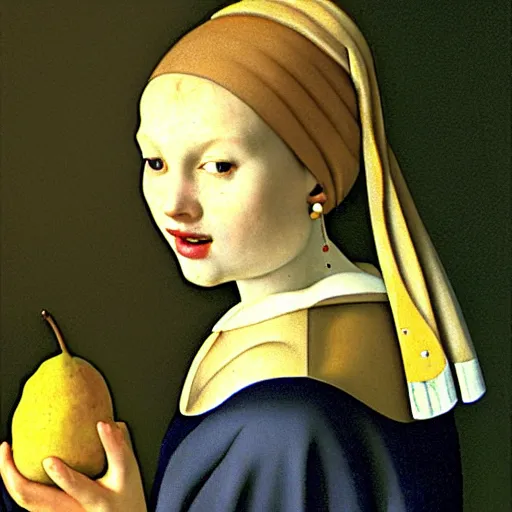 Prompt: girl with the pear fruit earing by johaness vermeer