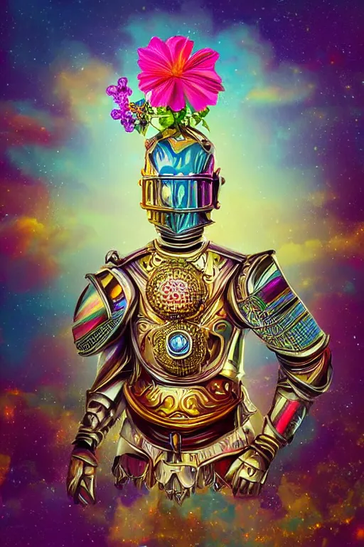 Image similar to colorful retrofuturistic digital airbrush illustration of a knight wearing an ornate chrome headpiece and holding a flower with a landscape and sky in the background by luigi patrignani