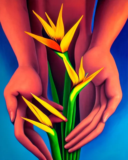 Prompt: neo-surreal high detail painting of human hands holding Birds of Paradise flowers robert steven connett dramatic orange light 8k high angle shallow depth of field