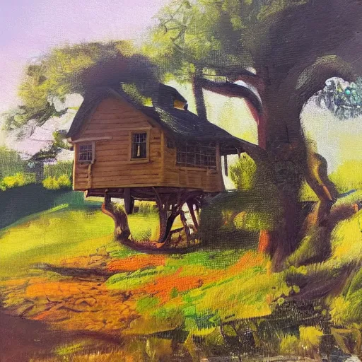 Image similar to treehouse in the countryside on a sunny day, peaceful, dreamy, brush strokes, oil painting