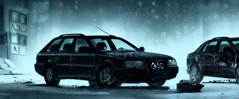 Image similar to Audi A4 B6 Avant (2002), a gritty neo-noir, dramatic lighting, cinematic, eerie person, death, homicide, homicide in the snow, viscera splattered, gunshots, bullet holes, establishing shot, extremely high detail, cracked windows, photorealistic, arson, cinematic lighting, artstation, by simon stalenhag, Max Payne (PC) (2001) winter New York at night, In the style of Max Payne 1 graphic novel, flashing lights, Poets of the Fall - Late Goodbye