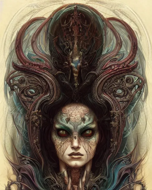 Prompt: perfectly centered portrait front view of a angry dead rotten beautiful female daemon growing ornamentation, ornate, detailed, symmetrical, elegant, beautifully soft lit, by wayne barlowe, peter mohrbacher, kelly mckernan