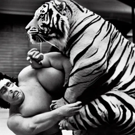 Prompt: big rex johnson wrestles a tiger. memphis 1 9 8 4.