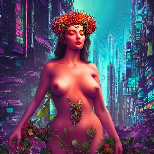 Image similar to Beautiful 3d render of the flower queen goddess in a sensual pose, in the style of Dan Mumford, with a crowded futuristic cyberpunk city in the background, astrophotgraphy