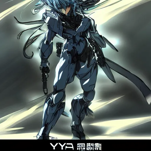 Image similar to An anime man with long, blue hair, wearing steel armor, drawn by Yoji Shinkawa highly detailed, trending on art station, sci-fi themed, dynamic posing