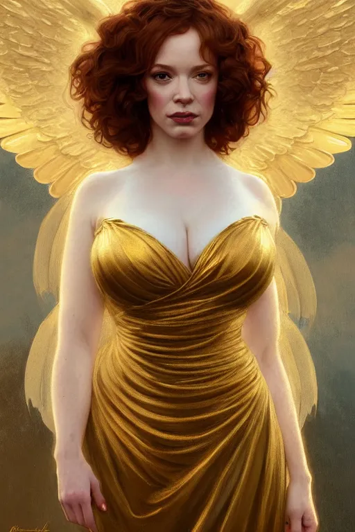 Prompt: a portrait of an angel christina hendricks wearing a golden dress, upper body, concept art, deep focus, sky, heaven, clouds, intricate, highly detailed, digital painting, artstation, matte, sharp focus, illustration, art by greg rutkowski and alphonse mucha