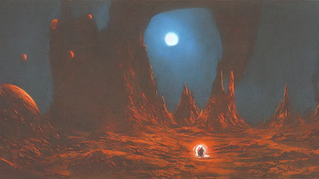 Image similar to eerie atmospheric alien planet with a spikey organic rocketship by jack gaughan and bob eggleton and chris moore, epic cinematic matte painting