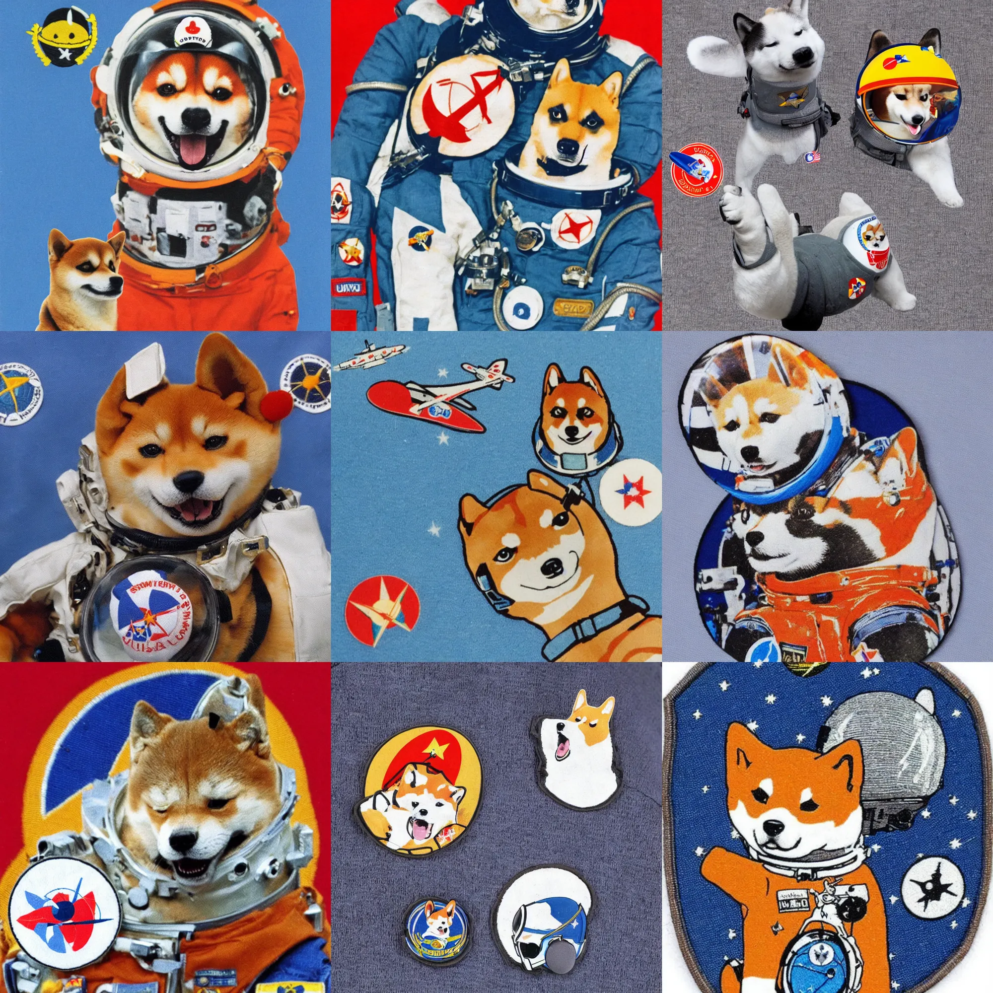 Prompt: Shiba Inu cosmonaut wearing helmet, 60s soviet space round mission patch