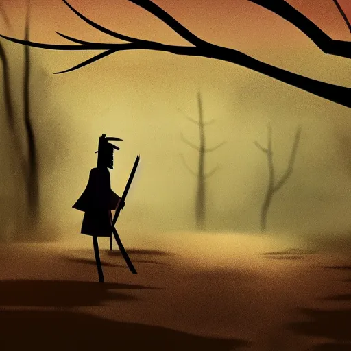 Image similar to samurai jack walks alone through the woods at night, gloomy, dark, foggy, night, ominous, dark color, atmospheric, cinematic lighting, intricate detail?