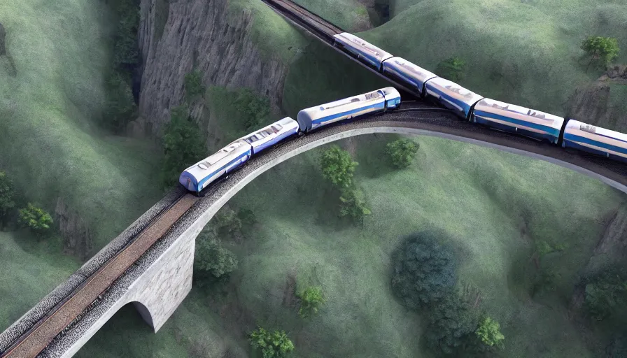 Prompt: futuristic train crossing aqueduct, green hills, matte painting, artstation, sunrise, blue sky, drone view