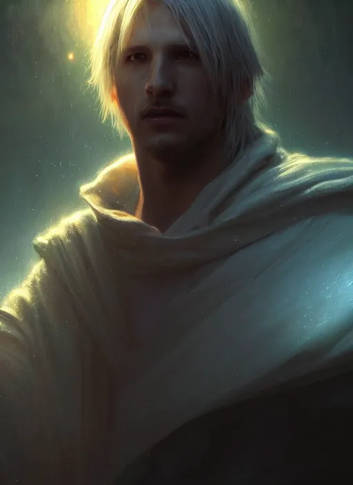 Image similar to portrait of thancred, evocative, mystical night, backlit, rim light, sharp focus, very very very very detailed, award winning, masterpiece digital painting by greg rutkowski, alex grey, marc adamus, beautiful dramatic lighting, artstation, 4 k wallpaper, style by peter deligdisch,