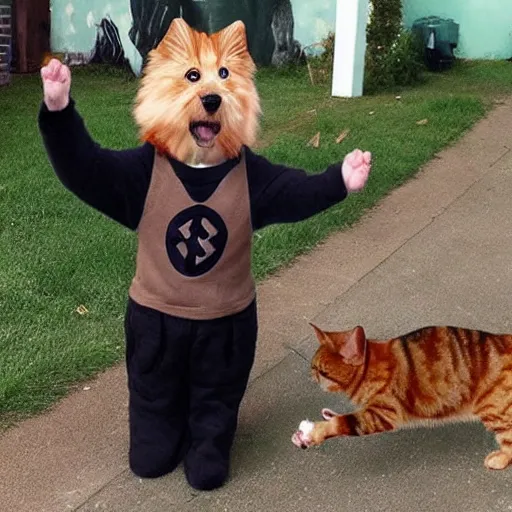 Image similar to dog doing nazi salute with paw. and a cat