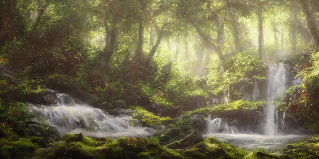 Prompt: a secret glade with waterfall, cinematic lighting, detailed oil painting, hyperrealistic, 8k