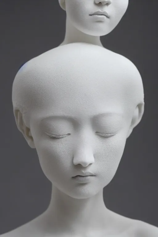 Image similar to full head and shoulders, beautiful female porcelain sculpture by daniel arsham and raoul marks, smooth, all white features on a white background, delicate facial features, white eyes, white lashes, detailed white, the head is split open like an egg, gold paint flows out