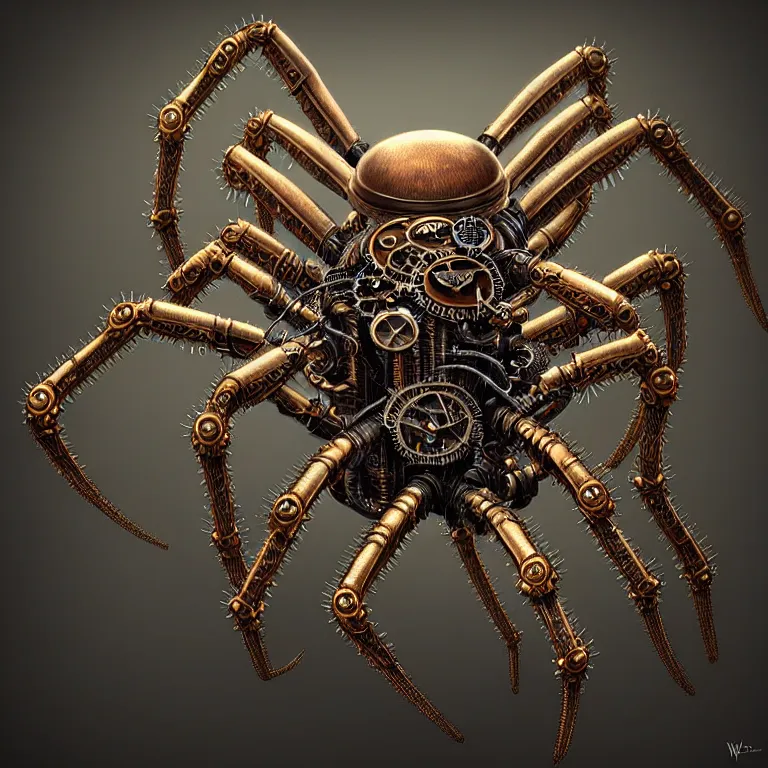 Image similar to steampunk spider, biomechanical, very coherent symmetrical artwork, 3 d model, unreal engine realistic render, 8 k, micro detail, intricate, elegant, highly detailed, centered, digital painting, artstation, smooth, sharp focus, illustration, artgerm, tomasz alen kopera, by wlop