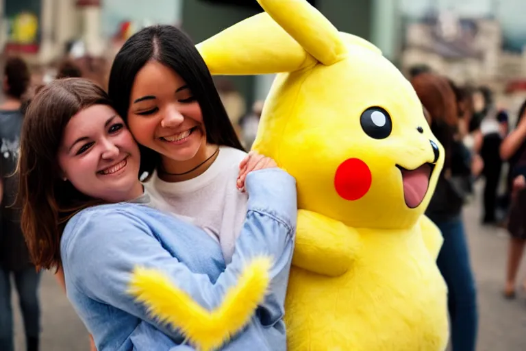 Prompt: a young woman is hugging a life size pikachu