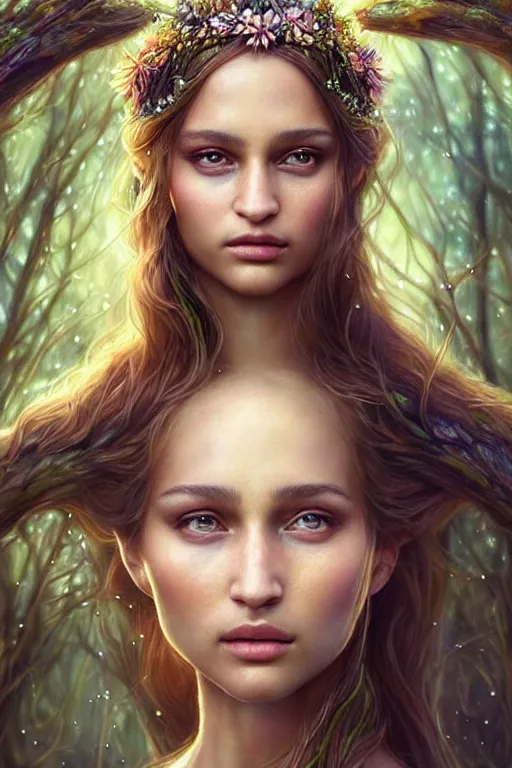 Image similar to hyper - realistic, gorgeous!!! woman resembling alicia vikander as a fairy princess in the woods, elegant, cute, divine aura, nature goddess, dungeons and dragons, intricate, highly detailed, artstation, digital painting, character design, concept art, illustration, sharp focus, art by artgerm & jeehyung lee & wlop